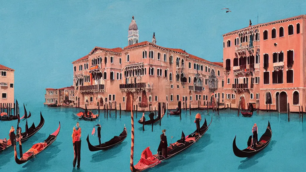 Prompt: Party in Venice, in the style of David Lynch, by Wes Anderson, concept art, artstation