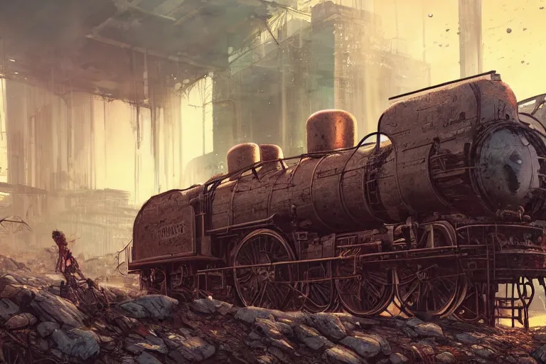 Image similar to a steam locomotive riding through abandoned postapocalyptic overgrown city, hyperdetailed, artstation, by Feng Zhu and James Paick, by Ryan Church