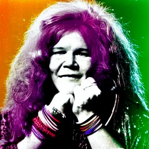 Image similar to Janis Joplin, psychedelic rainbow colors,