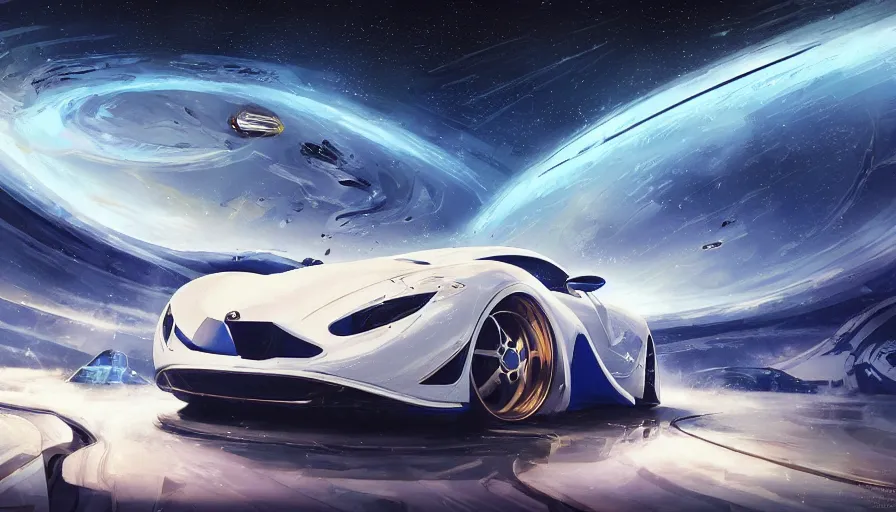 Image similar to whitr and royal blue luxurious concept sportscar driving down on a luxurious road on interstellar solar system with nearby planets seen from the distance, advanced highway, star trek style, by peter mohrbacher, jeremy mann, francoise nielly, android james, ross tran, beautiful, award winning scenery, 4 k, clean details, serene, sakura season