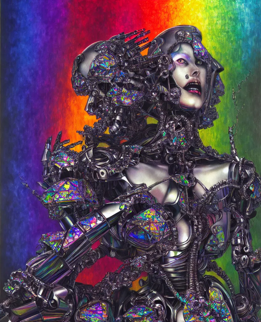 Prompt: realistic detailed image of ultra wrathful rainbow diamond iridescent mega chromed female robot, depth perception, depth of field, action horror by ayami kojima, neo - gothic, gothic, part by adrian ghenie and gerhard richter. art by hajime sorajama, masterpiece