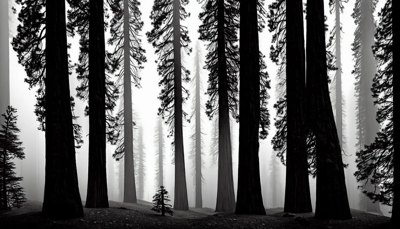 Prompt: hiking past giant sequoias by mads berg, karolis strautniekas, film noir, stippled light, dramatic lighting, editorial illustration, detailed, fine texture, matte print,