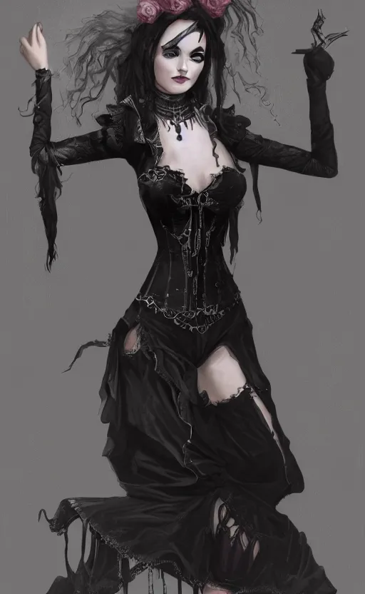 Image similar to rock star girl in gothic victorian dress on stage. concept art, artstation trending, digital painting highly detailed, vxf movie, cinematic