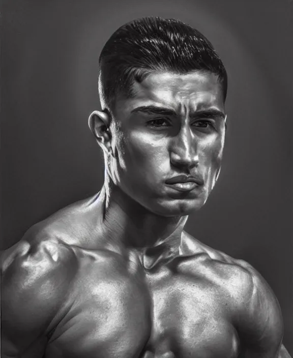 Image similar to heroic portrait of a handsome young mexican bodybuilder, art by denys tsiperko and bogdan rezunenko, hyperrealism