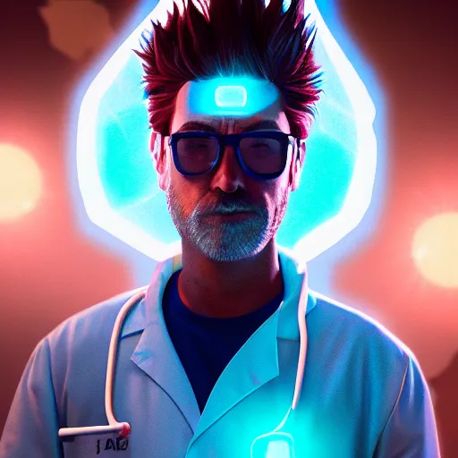 Image similar to portrait of rick sanchez, lab coat and tee shirt, lens flare, atmosphere, glow, detailed, intricate, full of colour, cinematic lighting, trending on artstation, 4 k, hyperrealistic, focused, extreme details, unreal engine 5, cinematic, masterpiece