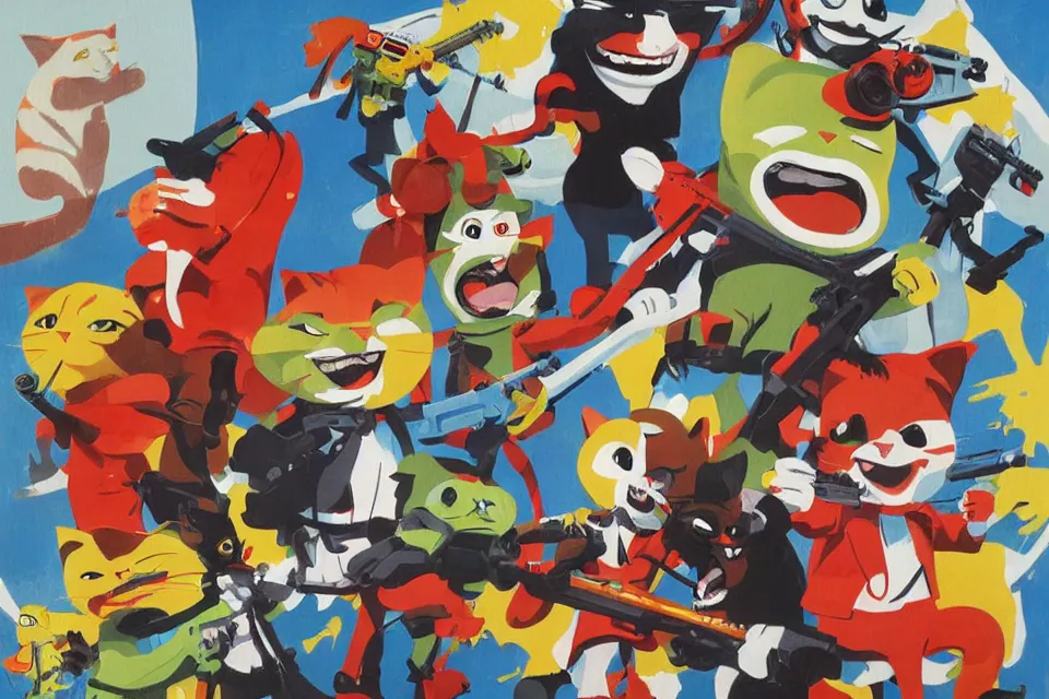 Image similar to concept paintings of cats holding supersoaker water guns, by jamie hewlett