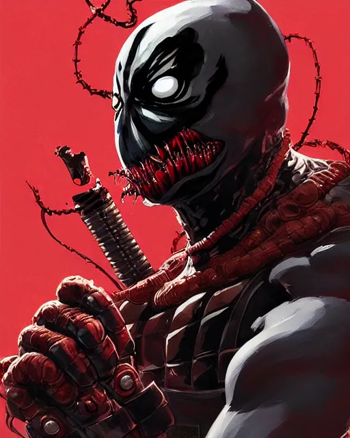 Image similar to highly detailed closeup portrait of a mutated venom symbiote in deadpool suit with a fierce expression, wearing his katana, by atey ghailan, by greg rutkowski, by greg tocchini, by james gilleard, by joe fenton, by kaethe butcher, red, black, crimson and grey color scheme