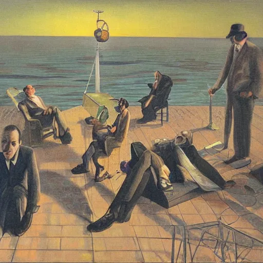 Image similar to the meeting of conspiracy theorists at the docks at midnight, surrealist painting