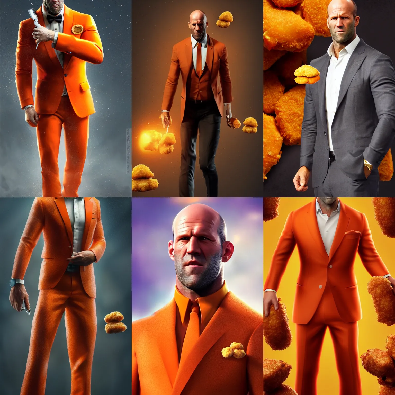 Prompt: ultrarealistic fantasy portrait jason statham wearing a orange suit made out of ( chicken nuggets ) with a ( chicken nugget ) in the top pocket intricate details, fantasy character octane render, cinematic lighting, volumetric lighting, artstation, dnd art, cgsociety, sharp focus, digital painting by artgerm, gerald brom, wlop