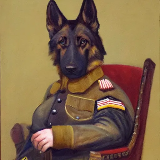 Image similar to a oil painting of a anthropomorphic german shepherd beast - man, wearing military outfit, sitting on an armchair