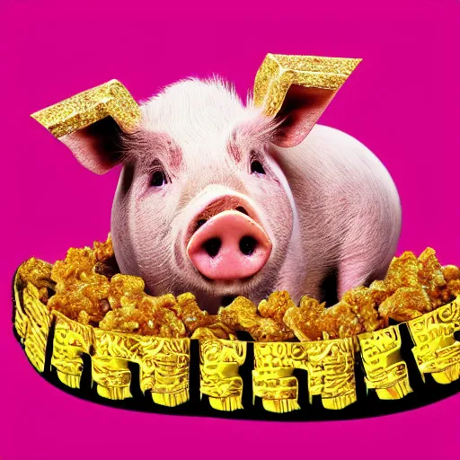 Prompt: pig in gold crown surrounded by pork rinds, pop-art