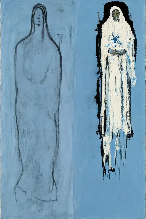 Prompt: light blue, virgin mary of lourdes painted by cy twombly and basquiat