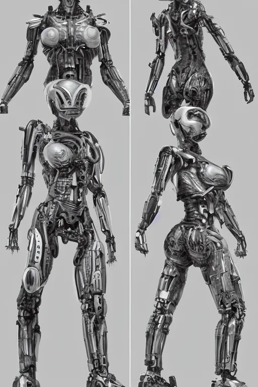 Prompt: cyborg mutant with gunmetal grey skin, medical anatomy, very symmetrical face, highly detailed, japanese mecha implants, three - perspective / three - view reference sheet ( front / back / side ), in the style of dan ouellette, dren from splice, hr giger, sil from species, artstation, unreal engine