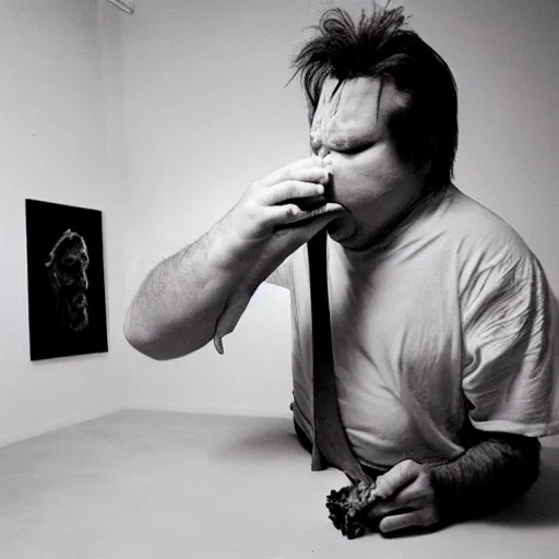 Prompt: modern art, abstract sculpture of bill hicks puking himself, smoking, moma, studio light, 8 k