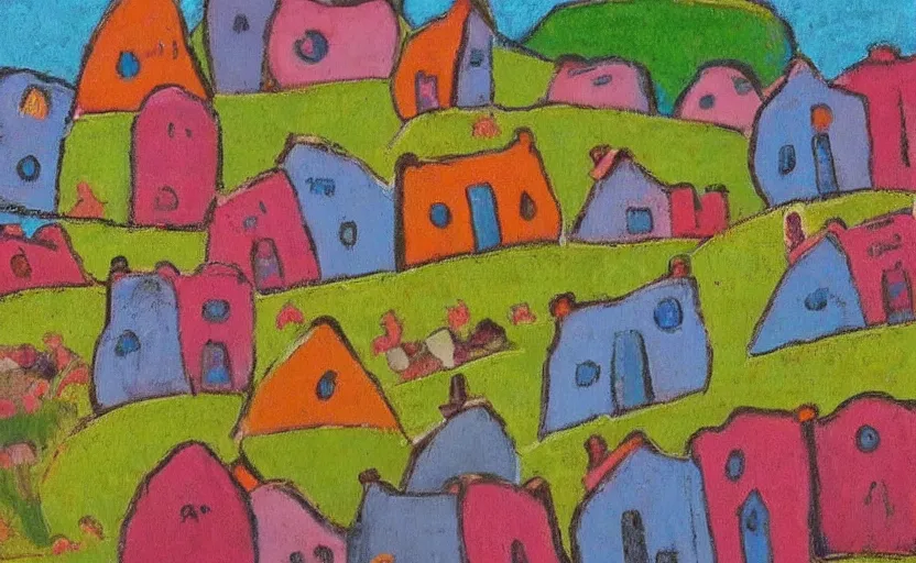 Prompt: village, houses with faces, pastel colours, naive