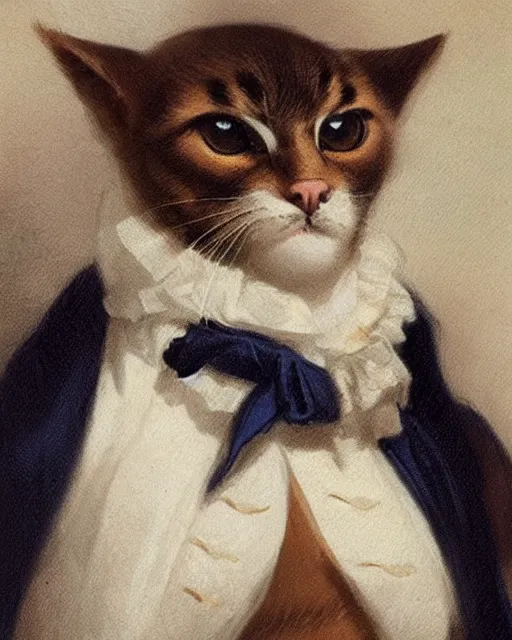 Image similar to cute brown cat with serious expression wearing regency era menswear in navy and white, thomas lawrence, greg rutkowski