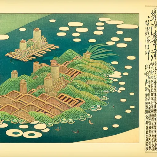 Image similar to 3d isometric botanical illustration of a small city in an island surrounded by water, diego rivera in Ukiyo-e style, HD