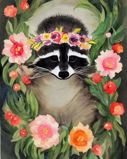 Prompt: a painting of a raccoon wearing a flower crown, a watercolor painting by annabel kidston, a storybook illustration, trending on pinterest, rococo, made of flowers, watercolor, whimsical, white paper