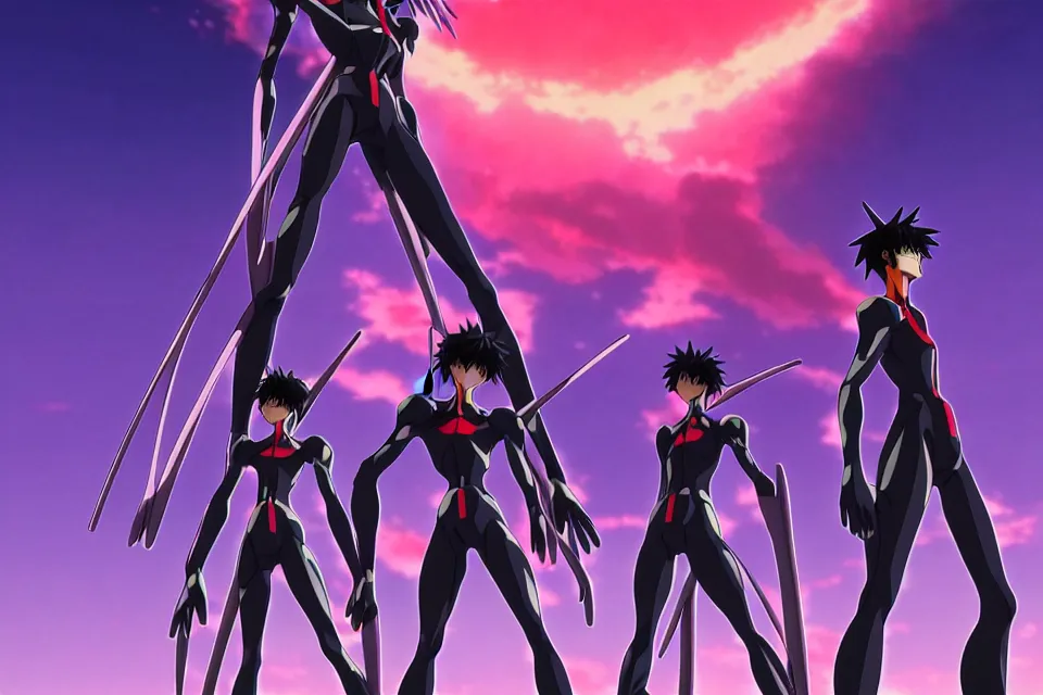 Image similar to anime illustration of black detailed evangelion eva - 0 1 standing menacingly behind ikari shinji, cinematic lighting, evangelion anime poster, rebuild of evangelion 1 0 8 0 p, 9 0 s anime aesthetic, volumetric lights, rule of thirds, unreal engine render, pinterest wallpaper, trending on artstation