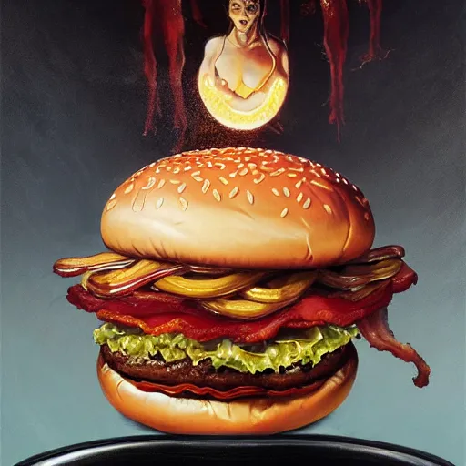 Prompt: detailed full body concept art illustration oil painting of Daniel Day Lewis molesting and groping hamburgers, extra ketchup, bacon lettuce and tomatos, oriental art nouveau, frock, mid body, radiant halo of light, black gold smoke ink, fat man covered in bacon and cheese, peter mohrbacher, artgerm