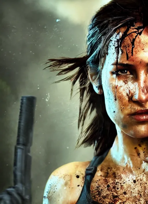 Image similar to a film still of lara croft as swat cop, her face muddy and sweat, direct sun light, close up potrait, cinematic,