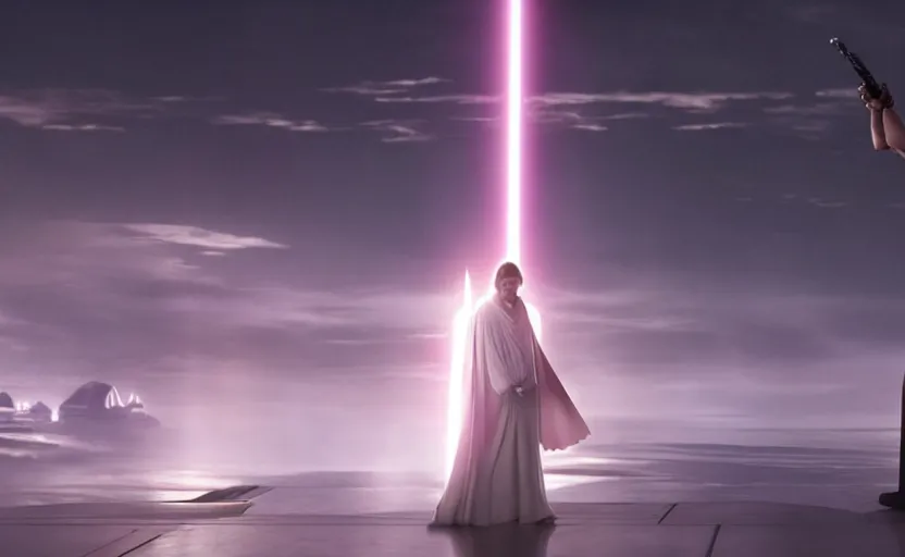 Image similar to iconic wide cinematic screen shot of luke skywalker dueling with a white robed female sith lord, standing with a view of coruscant at sunset, from the thrilling scene from the hbo succession, moody cinematography, foggy pink volumetric lighting, hyper detailed scene, anamorphic lenses 2 4 mm, lens flare, award winning