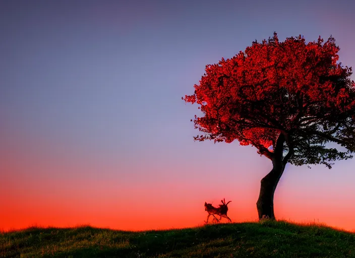 Prompt: a cute red creature near a tree on a hill at dusk, 4 k