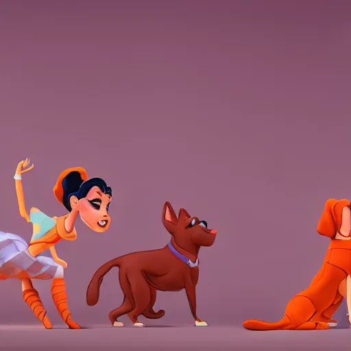 Image similar to women working, in the style of disney, comic book style, the dog is doing a ballet dance, highly detailed, 8k resolution, octane renderer