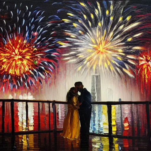 Prompt: an oil painting of couple kissing, in a background fireworks in new york