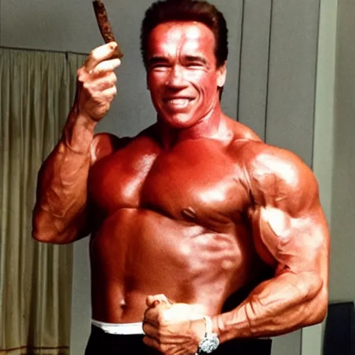 Image similar to Arnold Schwarzenegger smokes a big fat cigar after winning the Mister Olympia