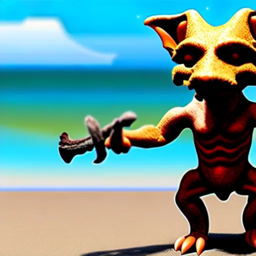 Prompt: Kobold wearing caveman clothes at a beach