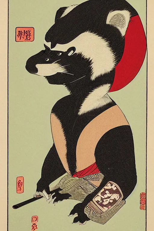 Image similar to ukiyo-e ukiyoe portrait of furry anthro anthropomorphic badger head animal person fursona wearing clothes sitting in a living room