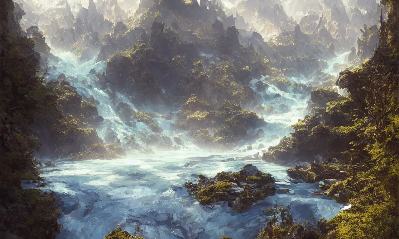 Image similar to Mountain river flows through a fantasy landscape gorge. A big blue lake in the middle of the mountains. Fabulous nature, amazing seascape, highly detailed, digital painting, artstation, concept art, smooth, sharp focus, illustration, art by greg rutkowski and alphonse mucha