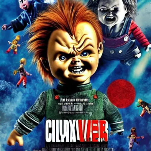 Prompt: Chucky versus Killer Kelowna From Outer Space movie poster