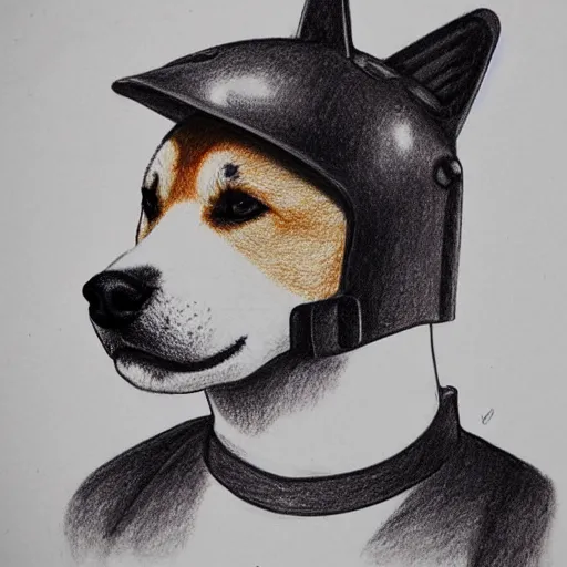 Image similar to A drawing of a Shiba Inu dog wearing a soldier's helmet, realistic, color