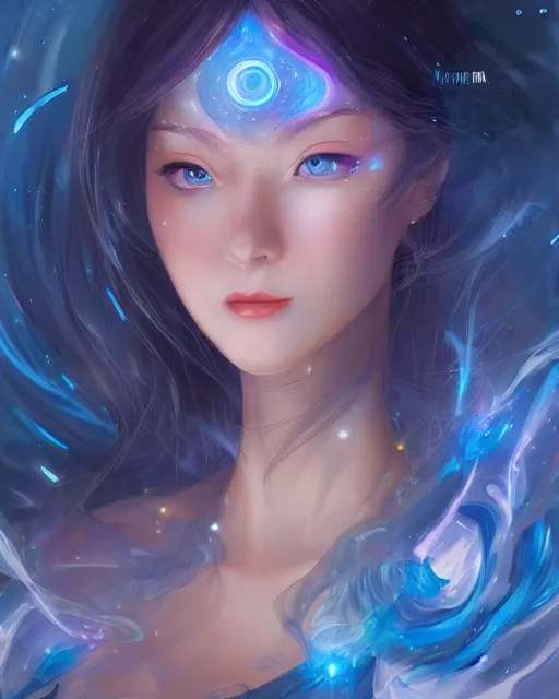 Image similar to A realistic anime portrait of a beautiful cosmic woman with glowing blue eyes and cosmic skin wearing clothes made of universes, digital painting, by Stanley Artgerm Lau, Sakimichan, WLOP and Rossdraws, digtial painting, trending on ArtStation, SFW version