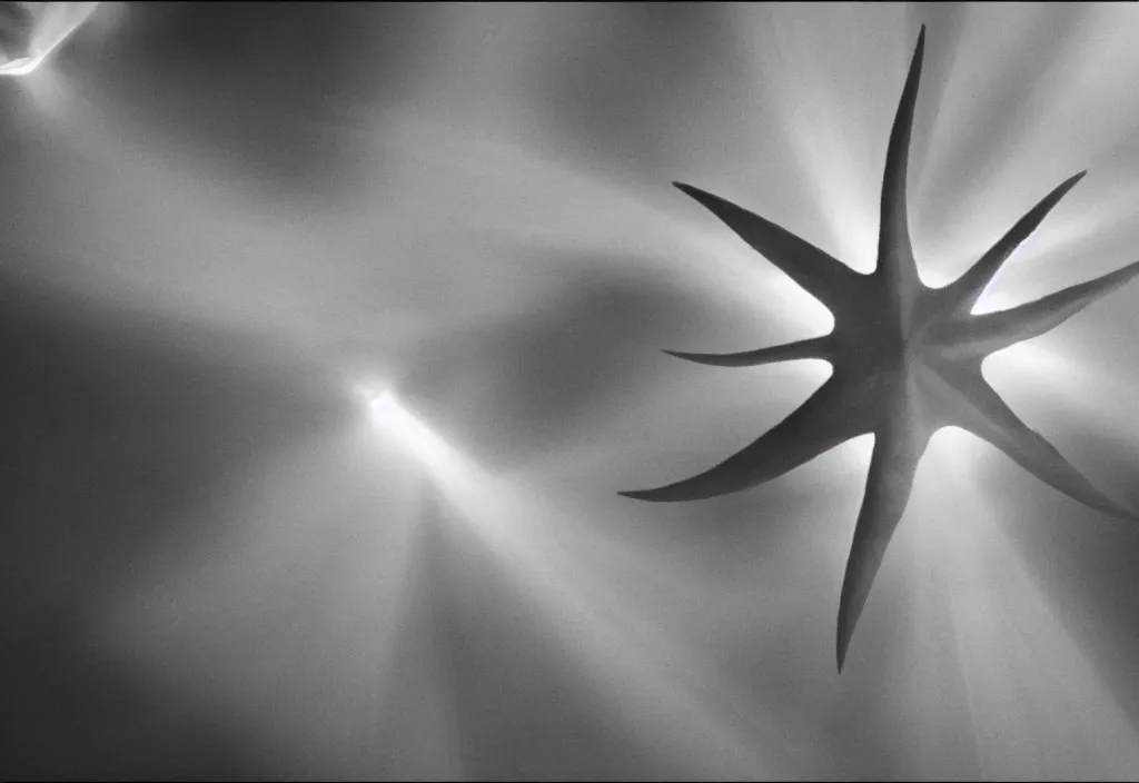 Image similar to light coming out of a bull - like kaiju starfish monster, korean film noir, fog, 4 k, video compression, video glitch, monochrome, orson welles