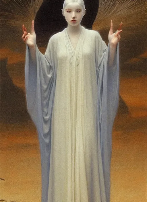 Prompt: thin young beautiful girl with silver hair, pale!, wearing robes, wearing hair, goddess, pale smooth, young cute wan asian face, silver robes!!, oil on canvas by jean delville, 4 k resolution, aesthetic!,