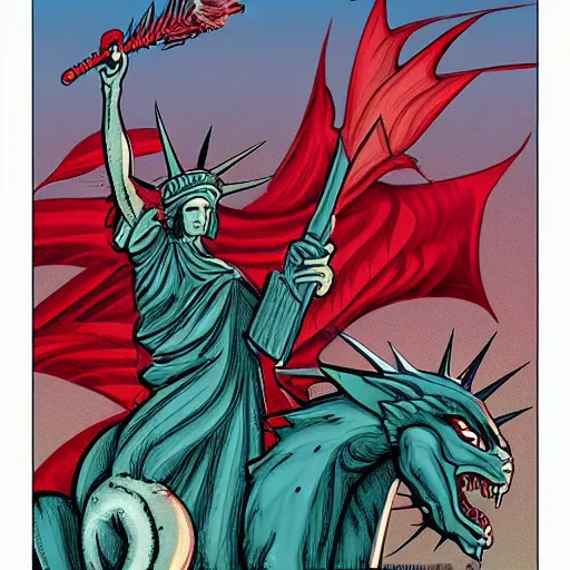 Image similar to Lady Liberty riding the red dragon of china. illustration concept art in the style of Arthur Adams