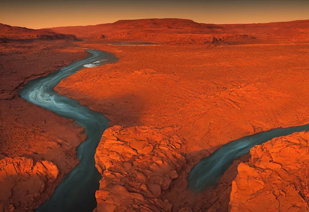 Image similar to a river bend running through a canyon surrounded by desert mountains at sunset on mars, planet mars, moab, utah, a tilt shift photo by frederic church, trending on unsplash, hudson river school, 3 5 mm photo, photo taken with provia, national geographic photo