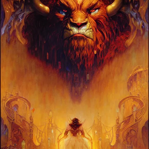 Prompt: portrait of a beast man from beauty and the beast. fantasy painting by gaston bussiere craig mullins jc leyendecker gustav klimt artgerm greg rutkowski john berkey, bergey, craig mullins, ruan jia, raymond swanland, tom lovell