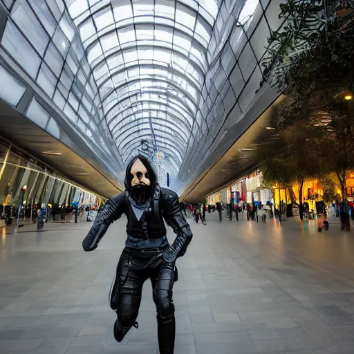 Image similar to dark wizard from mu online running through costanera center in santiago de chile, cyberpunk art