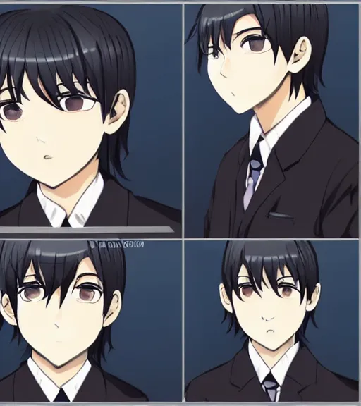 Prompt: a professional 8 5 mm portrait photograph of shuichi saihara from danganronpa, an 1 8 year old japanese man with gray eyes, long eyelashes, feminine features, black school uniform, and dark blue hair, emo, thin eyebrows, beautiful features, detective