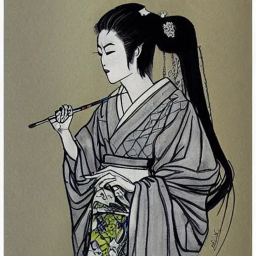 Image similar to a drawing by sergio toppi of a geisha