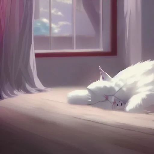 Image similar to a white ragdoll cat lies on the bed in the bedroom, warm atmosphere, anime key visual, digital art, anime screenshot, kyoto animation, makoto shinkai, trending on pixiv,