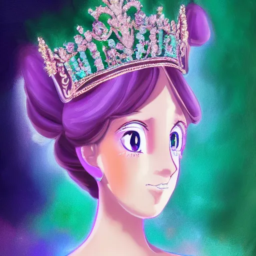 Image similar to Oil painting of a princess wearing a lavanda color dress, and a tiara with emeralds, digital art, 4k, anime style