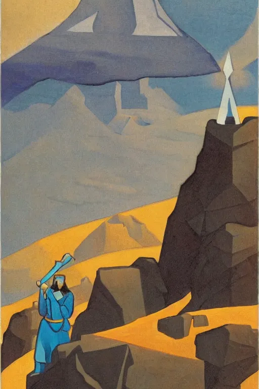 Image similar to thor holding the hammer, stay on mountain, marvel, artwork by nicholas roerich,