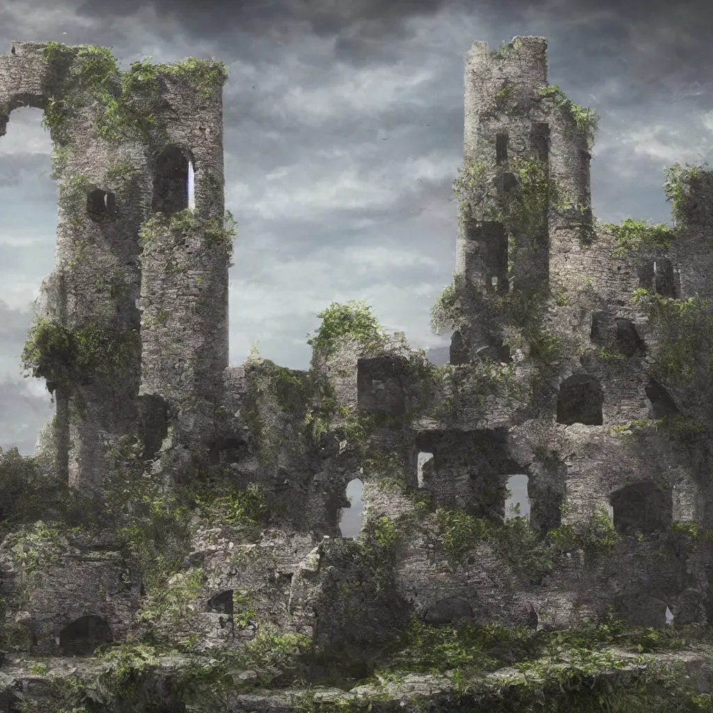 Image similar to looking up at a ruined castle on a small island only reachable by a small land bridge, 8 k, ultra realistic cinematic, intricate, cinematic light, concept art, illustration, art station