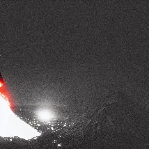 Image similar to A high armored white woman suit with a one red light eye gasmask standing in front of an erupting volcano, professional photography, black and white, cinematic, eerie