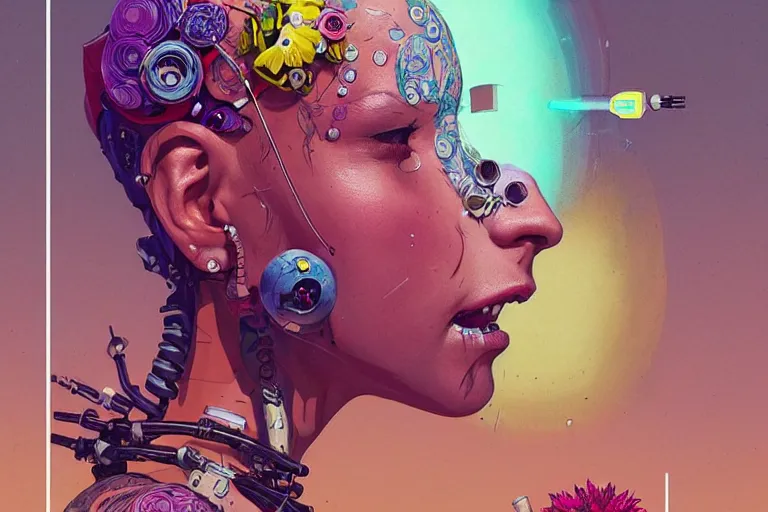 Prompt: punk androids with piercings, tattoos. smiling, happy. smoking a joint together in grasses and flowers. colorful. sci - fi. intricate. gorgeous detailed portrait. cinematic. sharp focus. octane. bright colors. by stalenhag. kilian eng. mucha. alex gray. bibin. wlop.